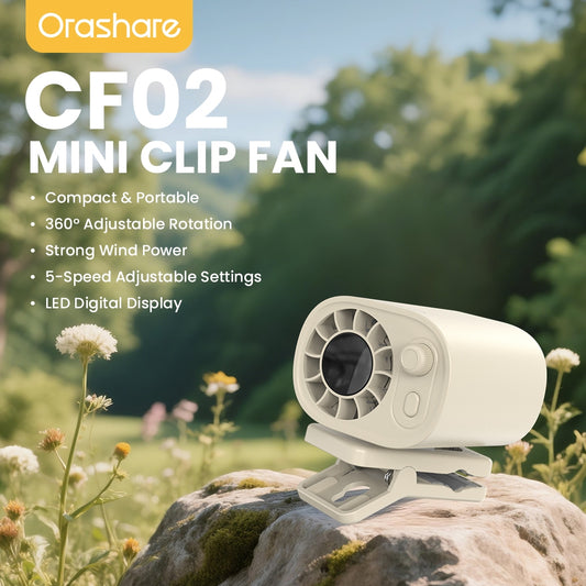 [NEW ARRIVAL] Orashare CF02 Mini Clip-On Fan 100 Speed USB Rechargeable 360° Adjustable Quiet with LED Display
