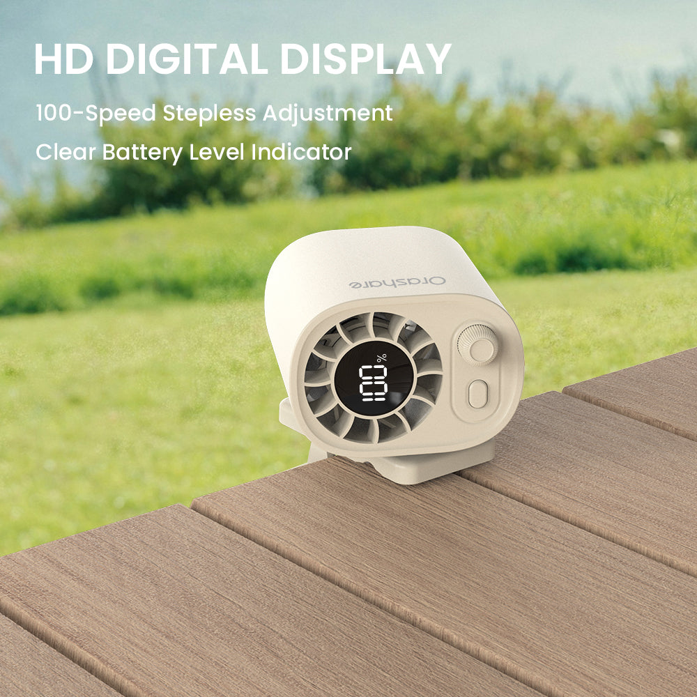 [NEW ARRIVAL] Orashare CF02 Mini Clip-On Fan 100 Speed USB Rechargeable 360° Adjustable Quiet with LED Display